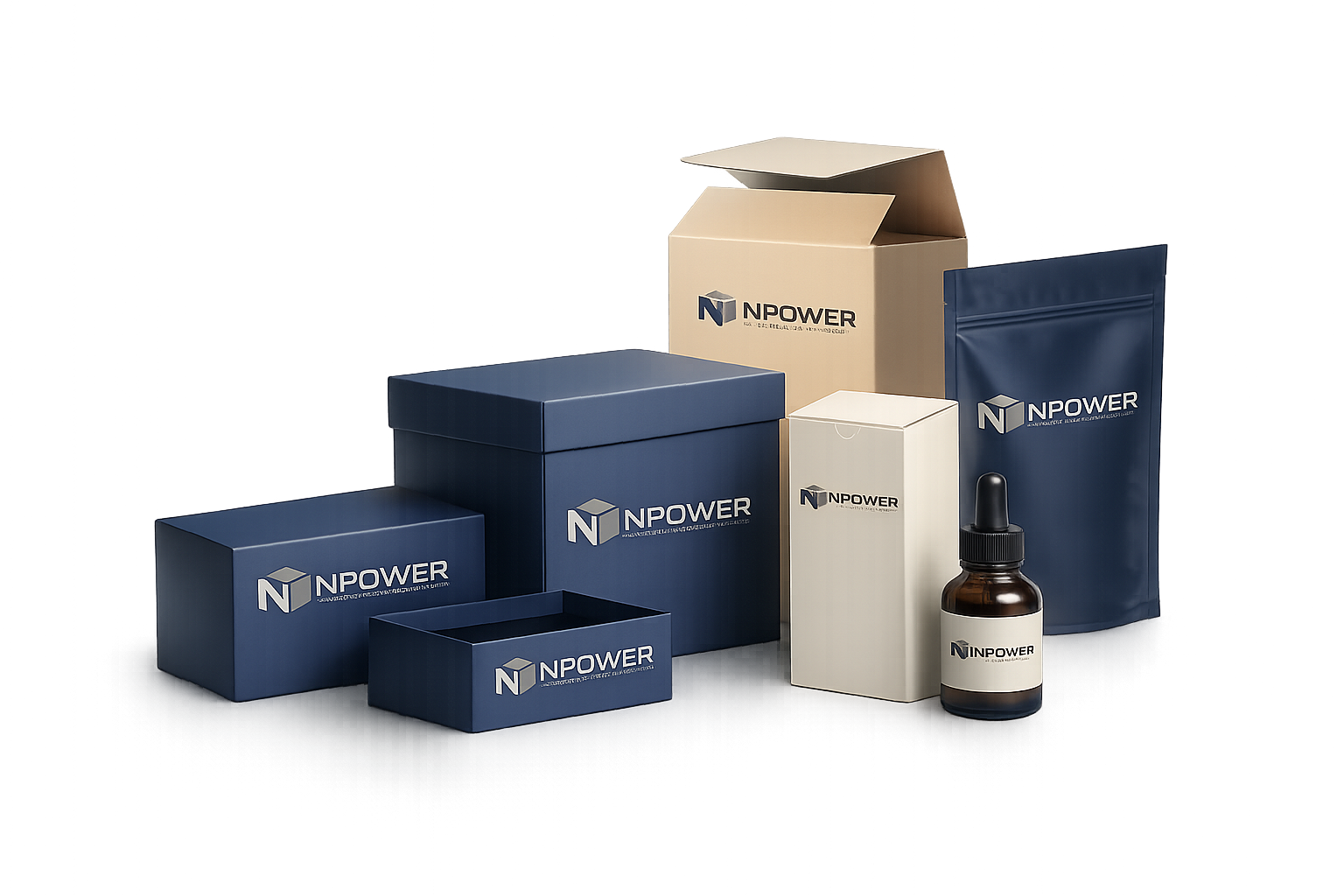 NPower-branded packaging assortment: rigid box, corrugated shipper, folding carton, pouch, and label jar