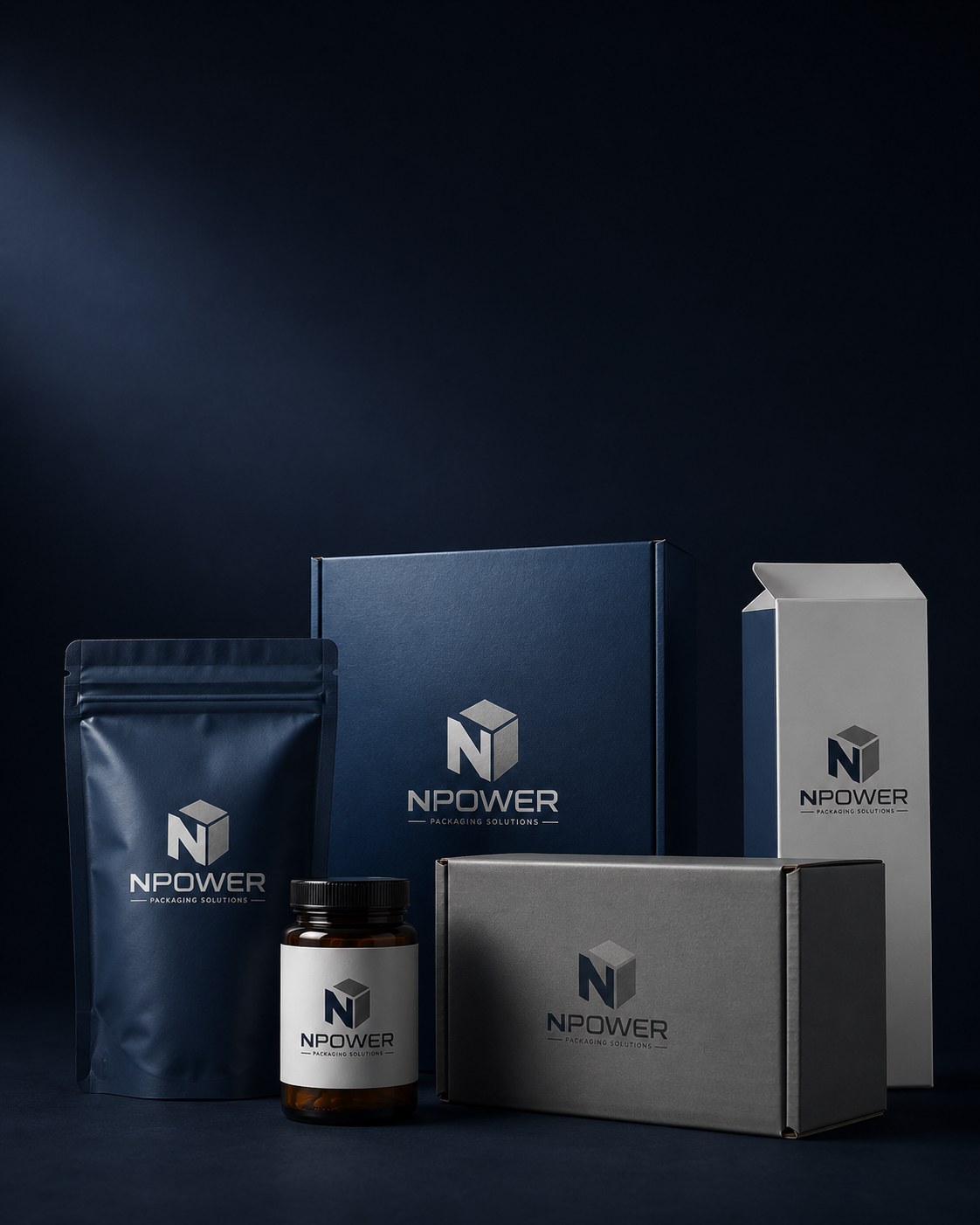 NPower-branded packaging assortment: carton, corrugated box, pouch, and rigid box